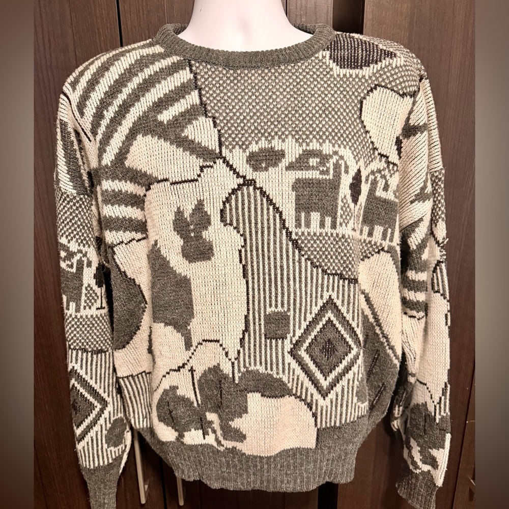 VTG Abstract Uniform Code Farm Graphic Wool Sweater Large Green Beige USA 80s